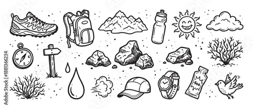Set of hand-drawn hiking and trekking icons in a black and white doodle style, featuring a backpack, compass, mountains, shoe, and other outdoor adventure equipment elements