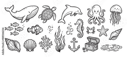 Collection of hand-drawn sea life illustrations featuring a whale, dolphin, octopus, turtle, and other marine animals in a cute black and white doodle sketch style