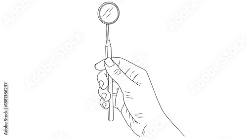 Hand holding dental mirror instrument vector illustration symbolizing oral examination technique, dental equipment procurement, infection control compliance and clinic financing considerations