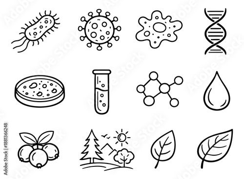 Hand drawn line art science and nature elements set featuring microorganisms, laboratory equipment, dna, molecules, and natural elements for educational and environmental concepts