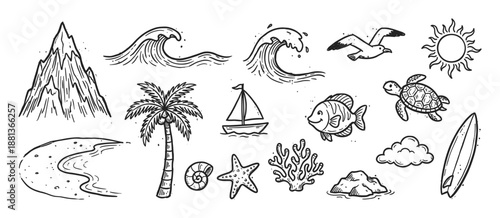 Hand drawn black and white doodle set of summer beach elements including a palm tree, ocean wave, sun, mountain, sea turtle, fish, and surfboard in a cute cartoon sketch style