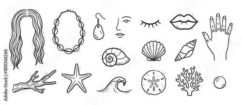 Set of hand-drawn nautical and feminine illustrations featuring seashells, starfish, coral, jewelry, and beauty icons in a simple monochrome doodle sketch style with stippling details
