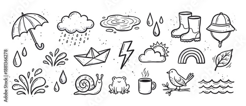 Collection of hand-drawn rainy weather icons featuring an umbrella, cloud, rubber boots, and puddle in a charming black and white doodle set with a cute, whimsical, sketched aesthetic