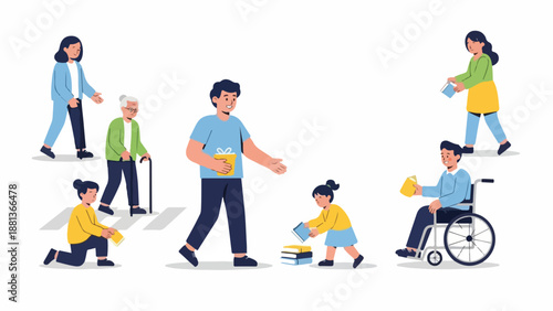 A group of people helping each other with books