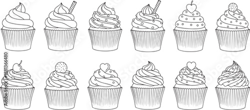 Set of line cupcakes with different toppings and decorations sweet dessert