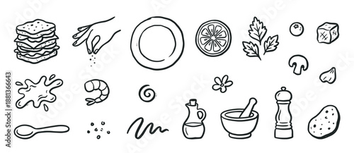 Large set of black line art food icons featuring a sandwich, shrimp, herbs, spices, and cooking utensils in a simple, hand-drawn sketch style for culinary concepts