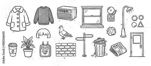 Collection of hand-drawn urban life icons featuring a coat, pigeon, trash can, newspaper, and street lamp in a simple black and white doodle style illustration set