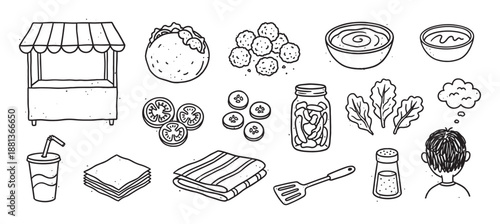 Collection of hand-drawn street food icons featuring a market stall, taco, meatballs, vegetables, and utensils in a simple black and white line art doodle style for a menu
