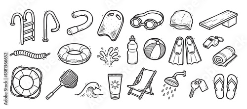 Set of black and white swimming pool equipment illustrations in a hand-drawn sketch style, including a lifebuoy, flippers, goggles, float, and other summer vacation items
