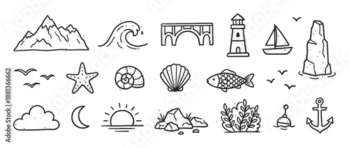 Large set of hand-drawn doodle icons representing sea, travel, and nature, including a mountain, wave, lighthouse, sailboat, anchor, and fish in a minimalist black line art style