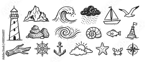 Collection of hand-drawn nautical icons featuring a lighthouse, sailboat, anchor, and wave in a simple black and white doodle sketch style for maritime and travel concepts
