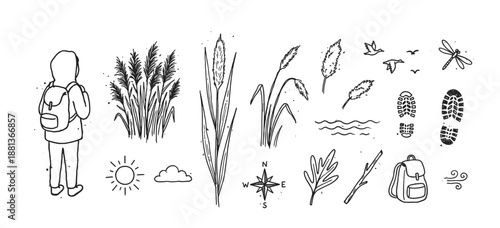 Hand-drawn black and white doodle icon set of hiking and nature elements, including a person with a backpack, reeds, a compass, boot prints, sun, and birds in a simple sketch style