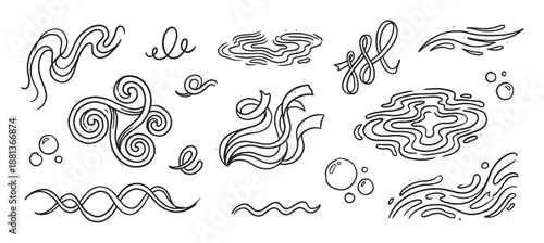 Hand-drawn collection of water and wind elements featuring waves, ripples, swirls, and bubbles in a black and white line art doodle style showing various forms of fluid motion