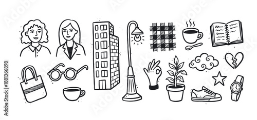 Hand-drawn black and white doodle icon set with various urban and lifestyle elements like people, a building, coffee, a book, and a plant in a cute sketchy illustration style