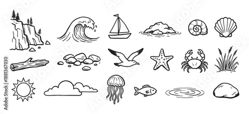 Set of hand-drawn black and white doodle icons featuring various nature and sea elements like a wave, sailboat, fish, crab, and sun, presented in a simple sketch style