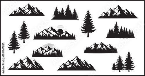 Wilderness outdoor adventure mountain and pine trees silhouettes collection vector