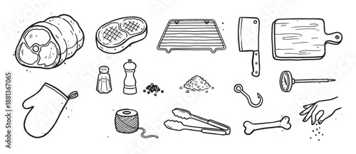 Hand drawn black and white butcher icons set featuring a roast, steak, cleaver, thermometer, and various cooking utensils for meat preparation in a doodle sketch style