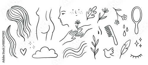 Set of hand-drawn line art icons for beauty and self-care, featuring a female silhouette, face, hair, hands holding a flower, comb, and mirror in a minimalist doodle style