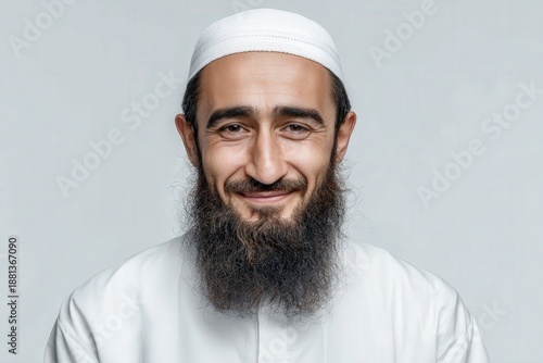 Wallpaper Mural Smiling man with dark beard and white cap poses against a light background Torontodigital.ca