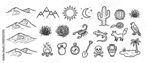 Set of hand-drawn desert-themed icons featuring a cactus, scorpion, sun, moon, snake, and adventure elements in a black and white sketch style illustration collection