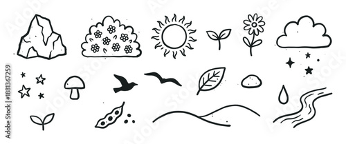 Set of hand-drawn black nature doodles featuring a mountain, sun, cloud, flower, and river in a simple, minimalist line art style for environmental and ecological concepts