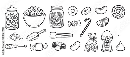 Hand-drawn collection of various candy illustrations including a lollipop, candy cane, gumball machine, and sweets in jars, presented in a black and white doodle line art style