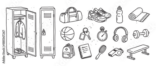 Hand-drawn black and white doodle set of gym and sports equipment including a locker, sneakers, dumbbell, basketball, and other fitness accessories in a sketch style