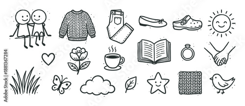 Collection of cute hand-drawn doodle icons representing love, nature, and cozy lifestyle themes like a couple, sweater, book, and coffee in a simple black line art style