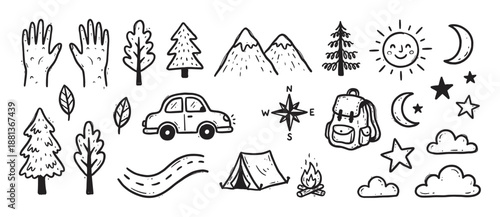 Set of hand-drawn doodle illustrations for camping and travel, featuring a tent, campfire, car, mountains, trees, sun, moon, and stars in a cute, sketchy black and white style