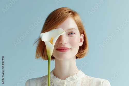 Wallpaper Mural Young woman with red hair smiles while holding a white bloom to cover one eye Torontodigital.ca