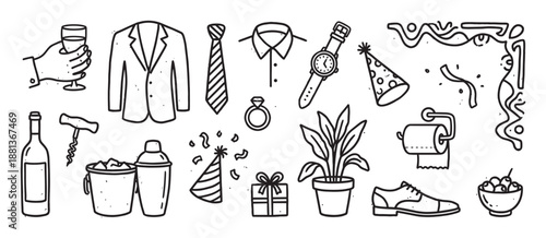 Set of hand-drawn doodle icons featuring party and celebration elements like a suit, tie, wine, gift, and party hat in a minimalist black and white line art style