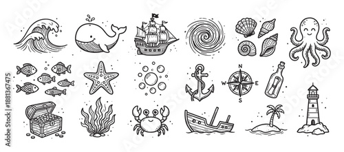 Collection of hand-drawn nautical icons featuring a sailing ship, whale, octopus, treasure chest, and anchor in a vintage doodle style for maritime and adventure themes