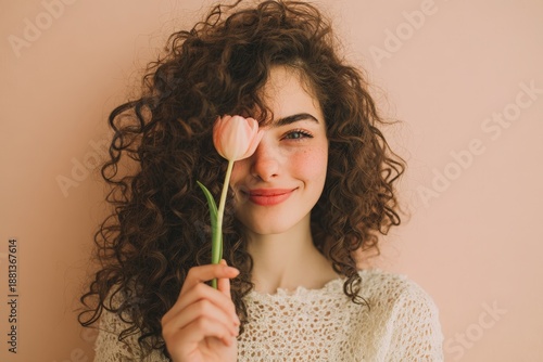 Wallpaper Mural Young woman with voluminous curly hair smiles while holding a pale pink tulip covering one eye Torontodigital.ca