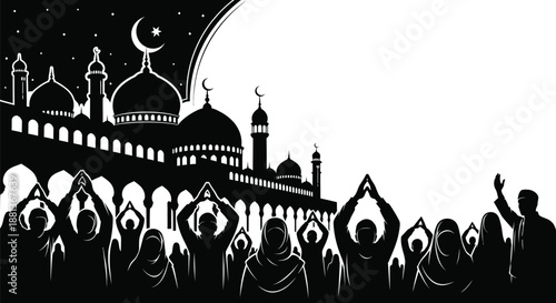 Islamic silhouette with mosque and people praying, religious celebration