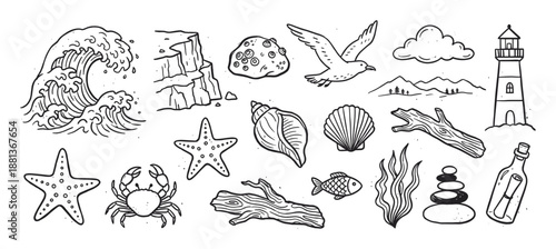 Set of hand-drawn sea and coastal elements including a wave, lighthouse, crab, and shells in a simple black and white doodle style illustration collection for nautical themes