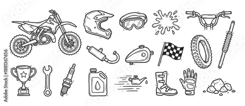 Hand-drawn motocross racing equipment and accessories set with a dirt bike, helmet, trophy, and gear in a black and white doodle illustration style for extreme sports concepts