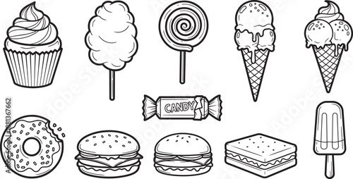 Outline drawing set of sweet dessert foods like cupcake and ice cream