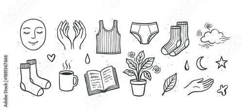 Set of hand-drawn doodle icons for self-care and relaxation, featuring a face, hands, clothes, a book, and a plant in a minimalist black and white line art illustration