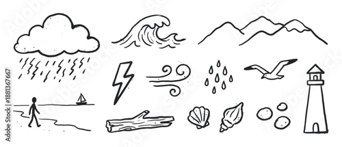 Set of hand-drawn black and white doodle icons featuring coastal and weather elements like a lighthouse, wave, cloud, and seagull in a simple sketch style illustration