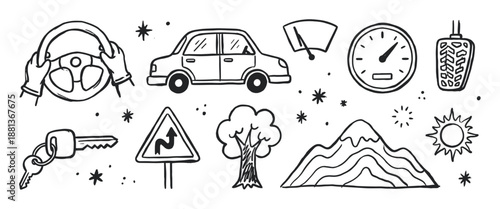 Hand-drawn car and driving themed doodle illustrations featuring a vehicle, steering wheel, keys, road sign, and nature elements in a simple black and white line art sketch style