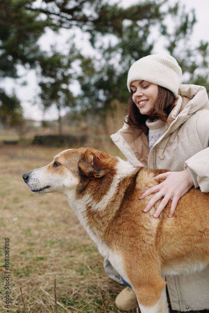 Fototapeta premium Woman in winter coat and knit hat smiles as she pets a brown and white dog outdoors in a park, capturing warmth, companionship and gentle contact with a loyal pet