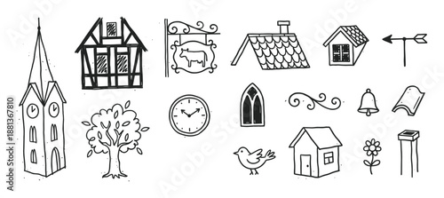 Charming set of hand-drawn village icons in a simple black and white doodle style, featuring a church, half-timbered house, tree, clock, bird, and other rustic elements