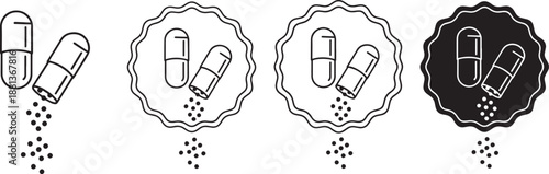 Pharmaceutical dose capsule medicine prescription spilling content icon set