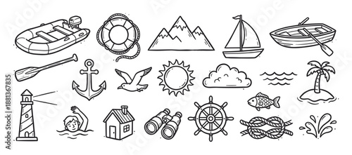 Collection of hand-drawn nautical icons featuring a sailboat, anchor, lighthouse, and ship's wheel in a simple black and white doodle style for summer and travel themes