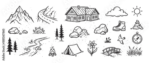 Hand-drawn set of camping and hiking illustrations in a black and white doodle style, featuring mountains, a cabin, a tent, a compass, and other nature elements for adventure themes
