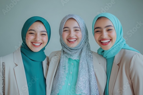 Wallpaper Mural Three young adult females wearing head coverings and business attire smile widely together. Torontodigital.ca