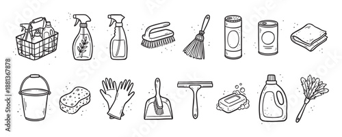 Collection of hand-drawn cleaning supplies icons including a bucket, sponge, gloves, spray bottle, and duster, illustrated in a simple black and white doodle line art style
