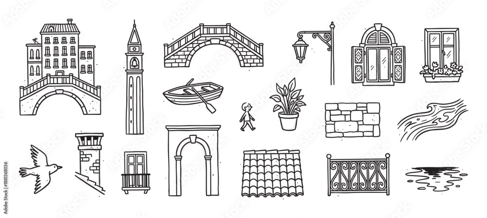 Obraz premium Collection of hand-drawn doodle illustrations representing a charming European city with iconic architectural elements like a bridge, canal boat, bell tower, and windows