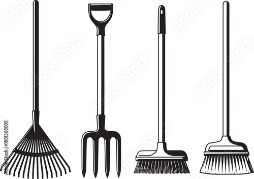 Gardening tools set rake fork broom shovel for outdoor work