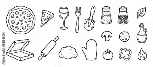 Collection of hand-drawn pizza making icons and ingredients in a simple black and white doodle style for a pizzeria menu or culinary concept